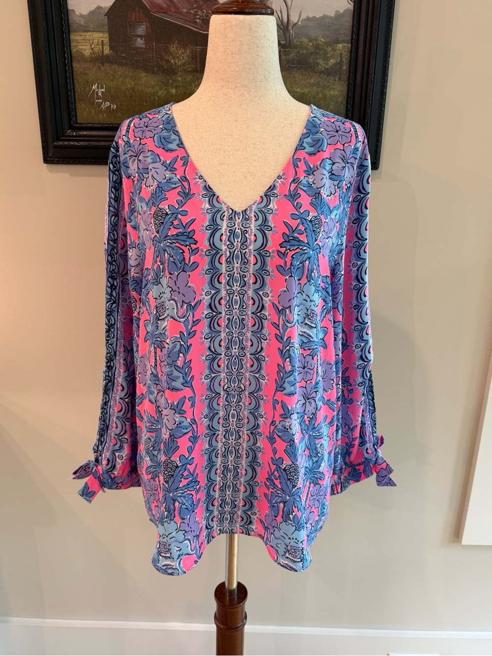 Lilly Pulitzer Pamala Lileeze Floral Long Sleeve V-neck Blouse Top Medium